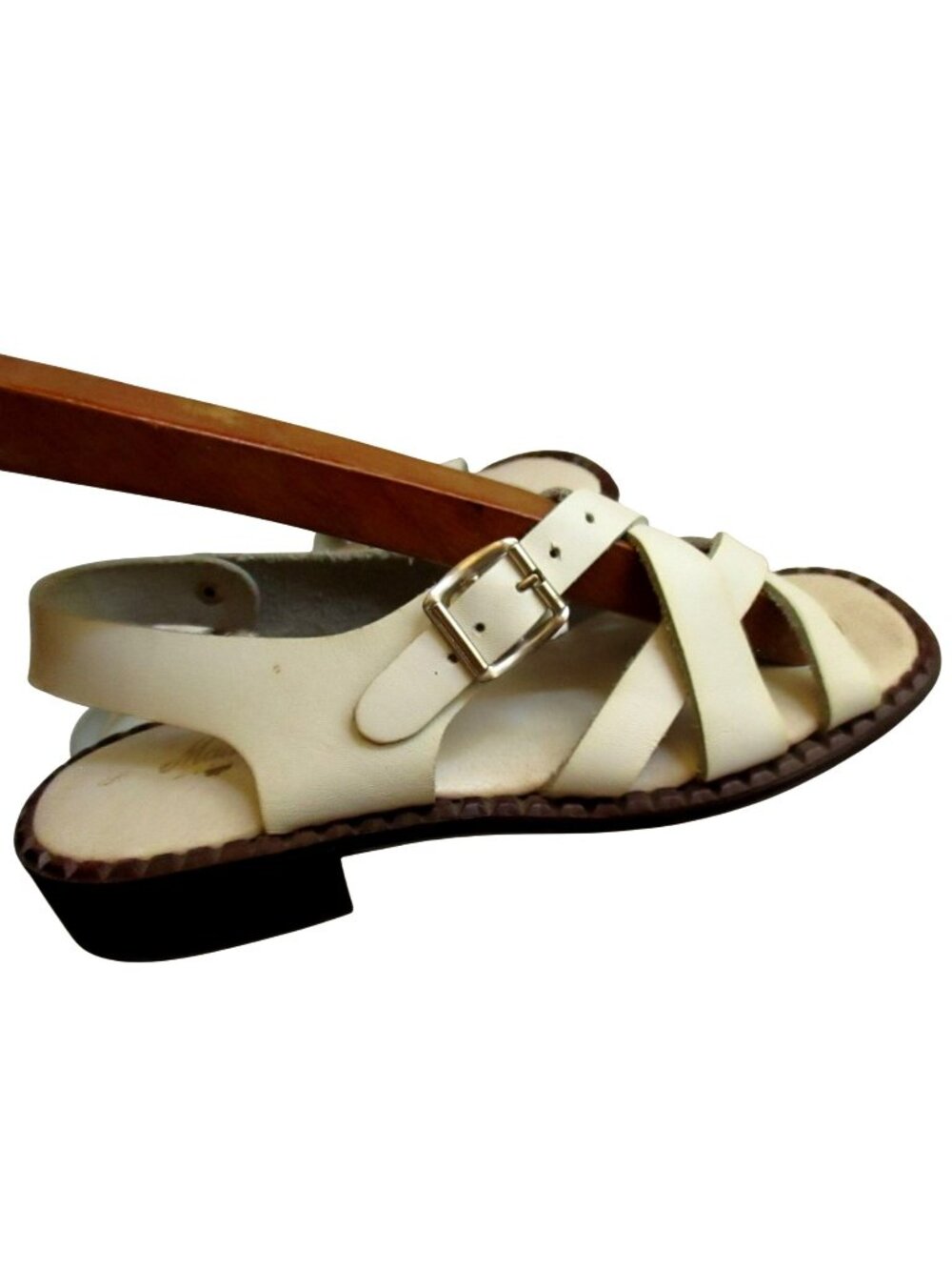True Vintage Sandals sz 5 Italian White Leather Strappy Buckle & Low Heel